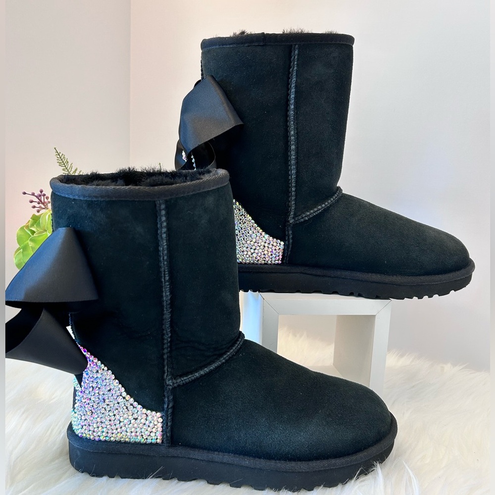 UGG Classic Women’s Custom Made Black Crystal Boots with Bows Size 8
